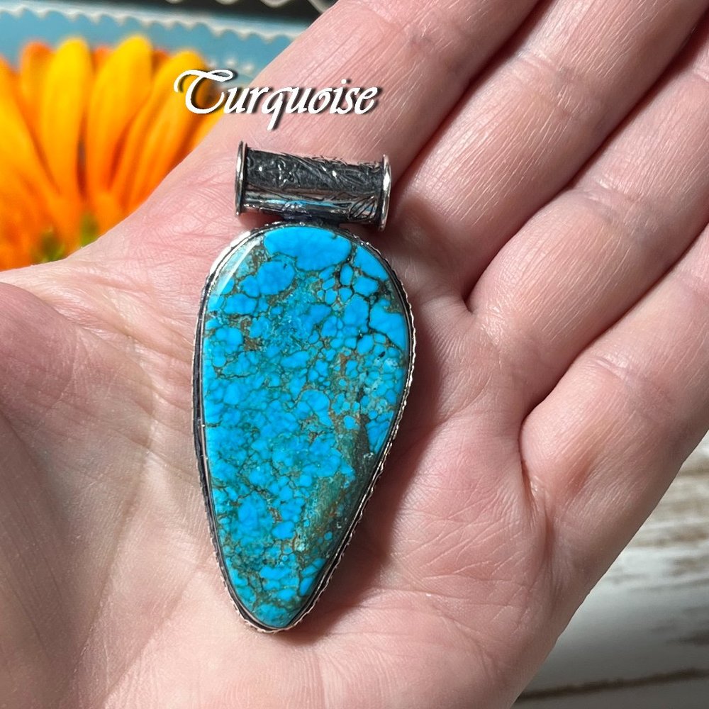 Turquoise Pendant 925 Silver Handmade Teardrop Design Bohemian Ethnic Gemstone